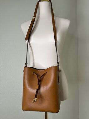 Ralph Lauren Cognac Drawstring Leather Crossbody Bucket Bag